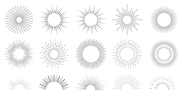 Vector conjunto de rayos de sol colección minimalista sunburst rayo de brillo vectorial línea decorativa luz solar