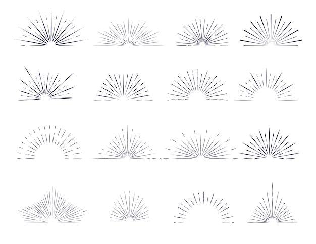Conjunto de rayos de sol de contorno aislado con elementos de diseño de logotipo sobre un fondo blanco.