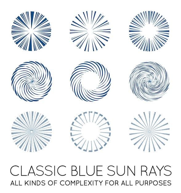 Conjunto de rayos de sol vectoriales Sunburst en color azul clásico de moda