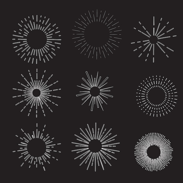 Conjunto de rayos de sol vintage rayos de estallido amanecer fuegos artificiales estallido estallido rayos de chispas radiantes geométricos