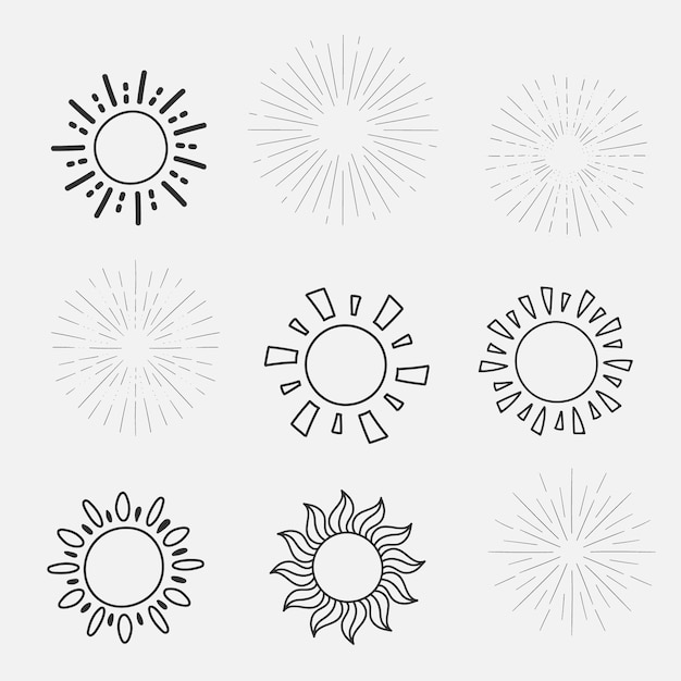 Conjunto de rayos solares vintage en diferentes formas de moda dibujados a mano retrógrados elementos de diseño de rayos estallantes