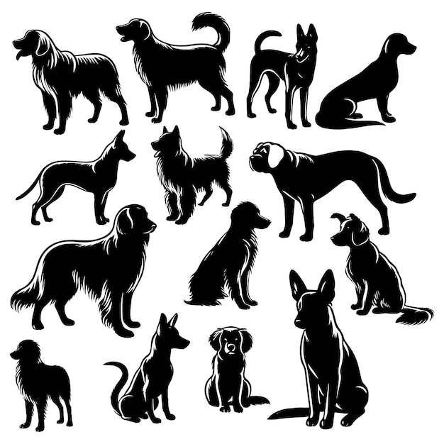 Conjunto de razas de perros siluetas en diferentes poses perro en fondo blanco
