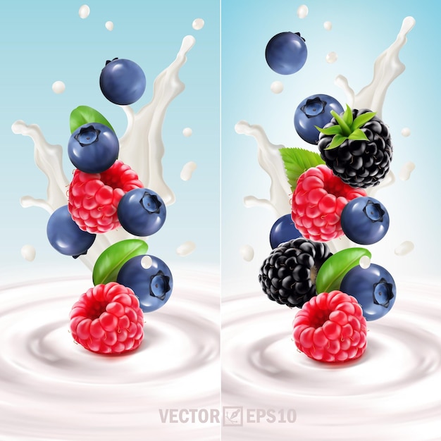 Vector conjunto realista en 3d de bayas silvestres que caen en yogur o leche, arándano, frambuesa, cranberry y cowberry