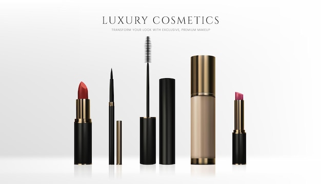 Un conjunto realista en 3D de productos de maquillaje, lápiz labial, máscara, cepillo, delineador de ojos y crema de fundación
