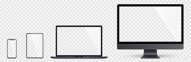 Vector conjunto realista de computadora, computadora portátil, tableta y teléfono inteligente. dispositivo de recogida de pantalla. espacio realista gris simulacro computadora, computadora portátil, tableta, teléfono con stock de sombra.