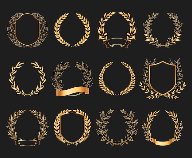 Vector conjunto realista de emblemas dorados con cinta y corona sobre fondo negro ilustración vectorial aislada