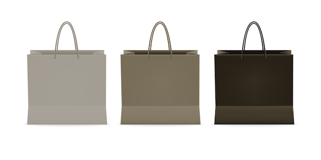 Conjunto realista de envases de papel para bolsas de compras, para compras de productos y compras de transporte de productos desde la tienda o supermercado. Ilustración aislada sobre fondo blanco.