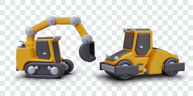Conjunto realista de excavadoras y rodillos de carretera de equipos pesados para la construcción de carreteras