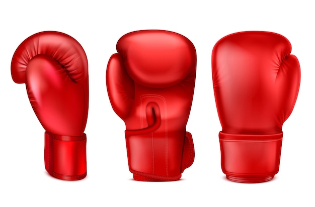 Vector conjunto realista de guantes de boxeo con imágenes aisladas de silenciador rojo desde diferentes ángulos en la ilustración de vector de fondo en blanco