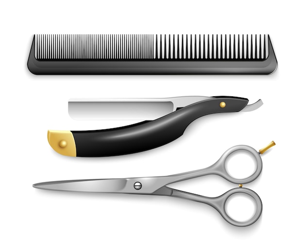 Conjunto realista de herramientas de peluquero hombre con peine de afeitar y tijeras ilustración vectorial aislado