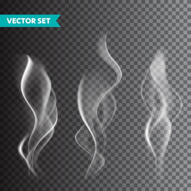 Conjunto realista de humo de cigarrillo aislado en un fondo transparente Vector de vapor en el flujo de vapor de aire Efecto de niebla de niebla