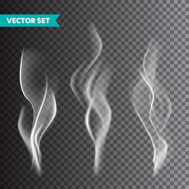 Conjunto realista de humo de cigarrillo aislado en un fondo transparente Vector de vapor en el flujo de vapor de aire Efecto de niebla de niebla