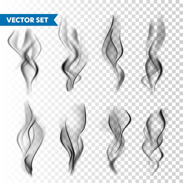 Conjunto realista de humo de cigarrillo aislado en un fondo transparente Vector de vapor en el flujo de vapor de aire Efecto de niebla de niebla