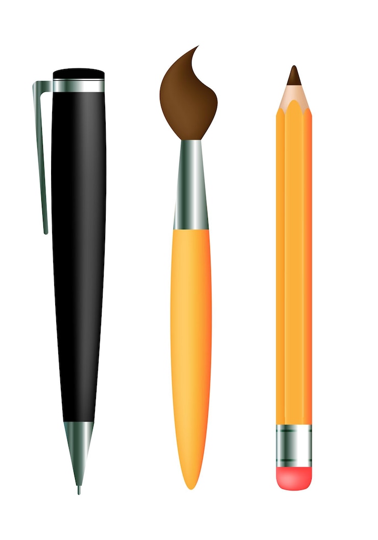 Vector conjunto realista de lápices, plumas y pinceles para dibujar