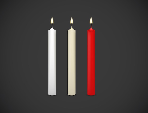 Conjunto realista de llama de velas aislado en ilustración 3d de vector de fondo oscuro