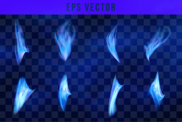 Conjunto realista de llamas de fuego azul de diferentes formas y tamaños sobre fondo negro ilustración vectorial aislada