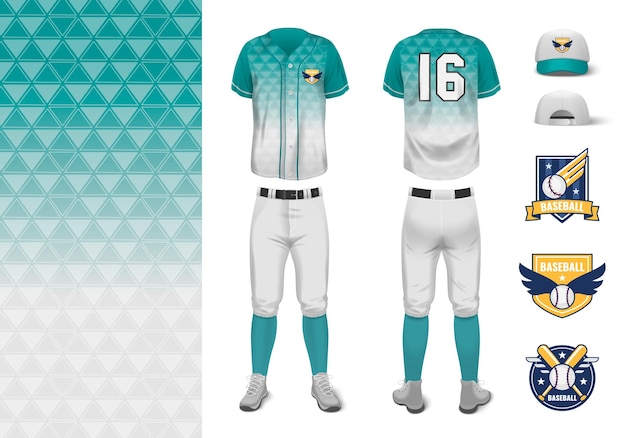 Conjunto realista de maqueta de uniforme de camiseta de béisbol con medias, camisas, calzones, botas, gorra, ilustración vectorial aislada