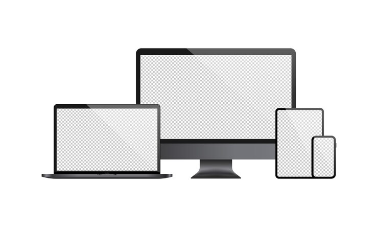 Vector conjunto realista de monitor de computadora, computadora portátil, tableta, teléfono inteligente. con pantalla transparente en blanco.