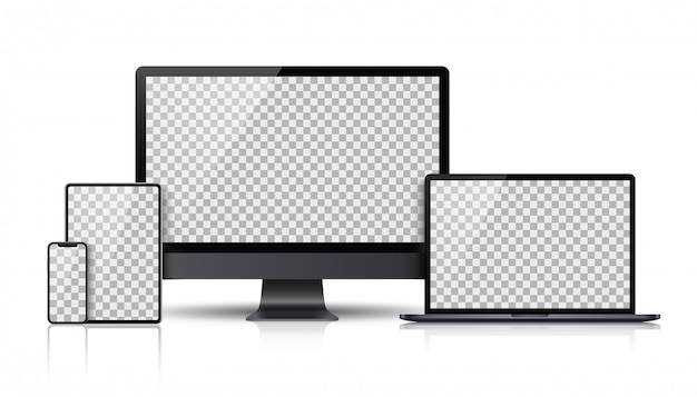 Conjunto realista de monitor, computadora portátil, tableta, teléfono inteligente color gris oscuro