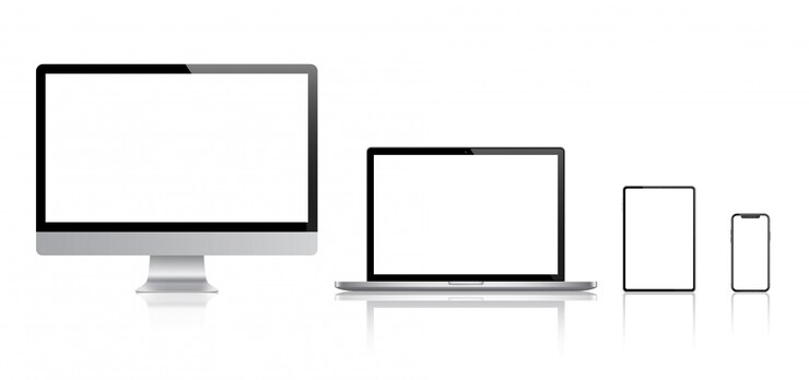 Vector conjunto realista de monitor, computadora portátil, tableta, teléfono inteligente