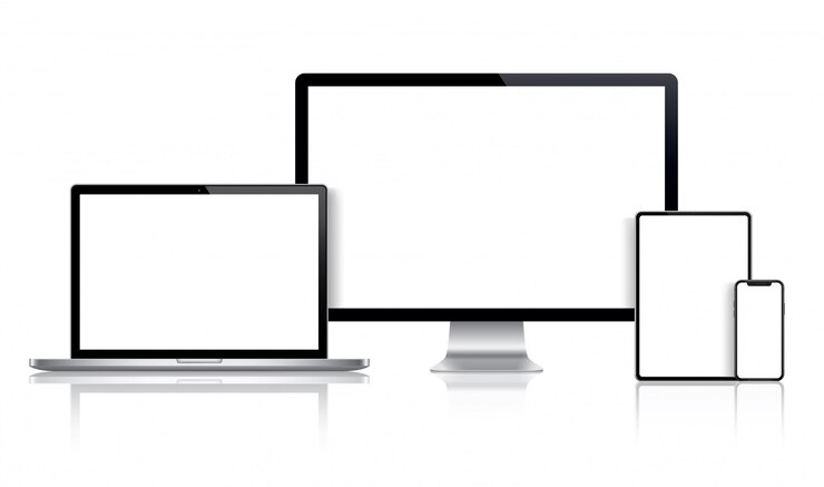 Vector conjunto realista de monitor, computadora portátil, tableta, teléfono inteligente