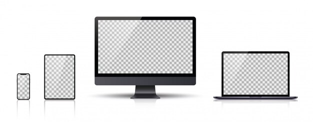 Conjunto realista de monitor, computadora portátil, tableta, teléfono inteligente
