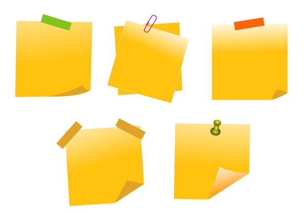 Conjunto realista de notas adhesivas en blanco de colores con clips nota adhesiva amarilla fijada con cinta adhesiva