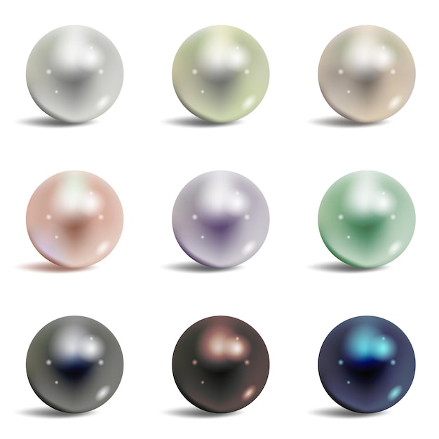 Conjunto realista perla aislado sobre fondo blanco. Perla preciosa en forma de esfera. Pearl es una ilustración de vector de piedra brillante de lujo