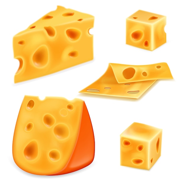 Conjunto realista de piezas de queso con agujeros Ilustración vectorial