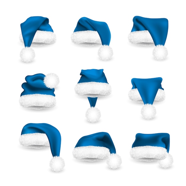 Vector conjunto realista de sombreros de papá noel azul aislado sobre fondo blanco. gorra de papá noel de malla degradada con pelo.