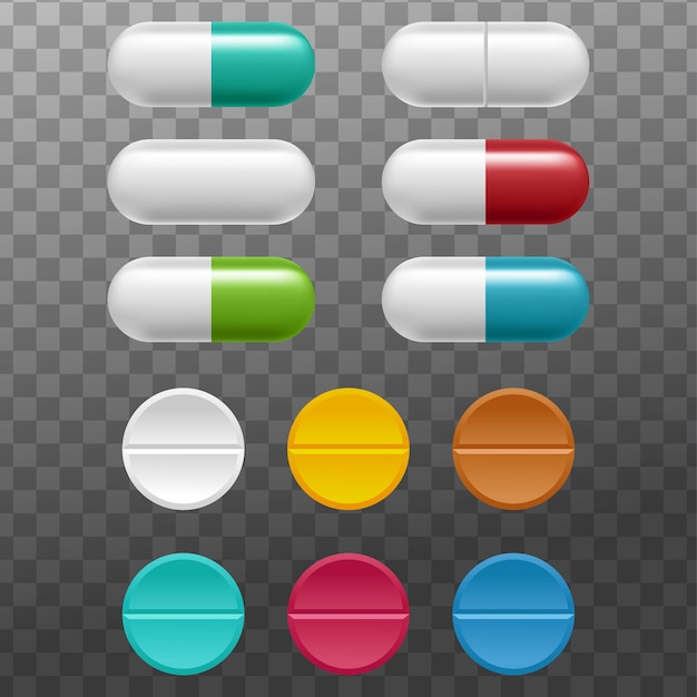 Vector conjunto realista de tabletas y píldoras.