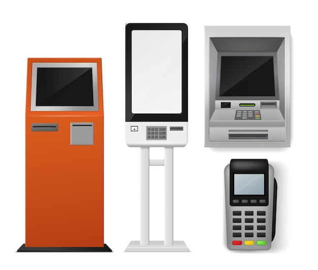 Vector conjunto realista de terminales de pago, quioscos de pago y cajeros automáticos, tarjetas de débito y crédito, equipos electrónicos bancarios 3d interactivos, pantalla vacía, conjunto aislado vectorial.