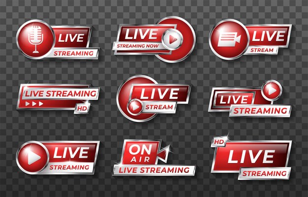 Conjunto realista único Red Social Media Live Streaming Full HD 3d Insignia aislada en el fondo