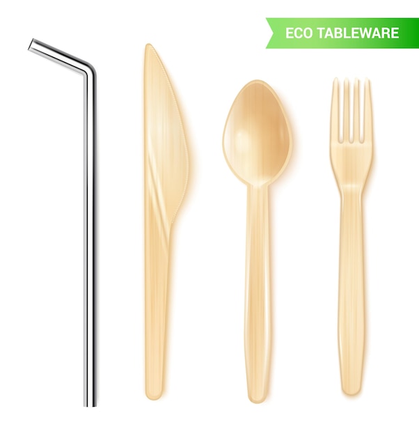 Conjunto realista de vajilla desechable ecológica con cuchara de madera de paja de metal, cuchillo y tenedor aislado