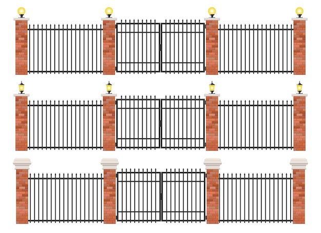 Vector conjunto realista de vallas de ladrillo y acero.