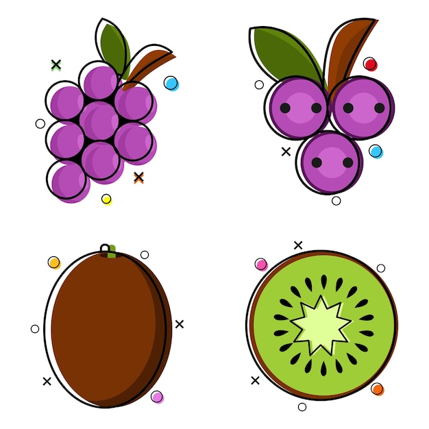 un conjunto de rebanadas de arte lineal de uva y kiwi de diseño plano. ilustración vectorial