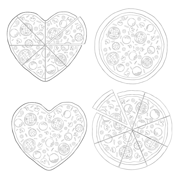 Conjunto de rebanadas de pizza. Pizza diferente estilo boceto dibujado a mano. Lo mejor para diseños de menús, paquetes. Ilustraciones vectoriales aisladas en blanco.