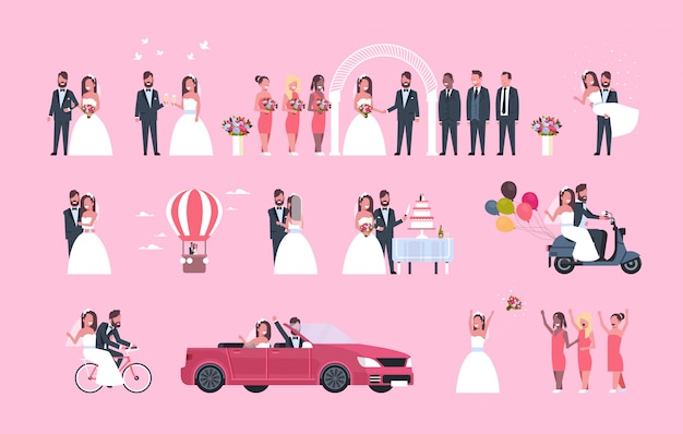 conjunto recién casado hombre mujer de pie juntos diferentes conceptos colección romántica pareja novia y novio enamorado día de la boda celebración integral horizontal