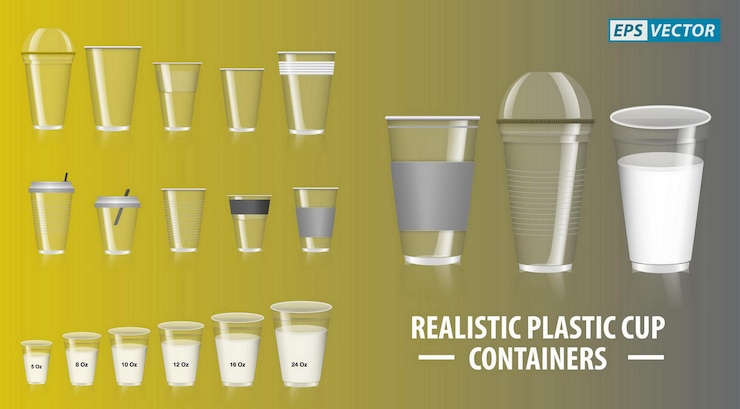 Vector conjunto de recipientes de vasos de colores realistas con plástico transparente en vasos desechables para té de soda