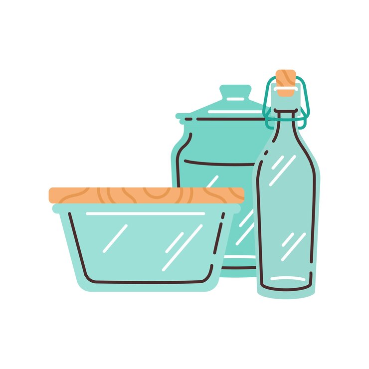 Vector conjunto de recipientes de vidrio recipiente con tapa de madera, frasco y botella con corcho