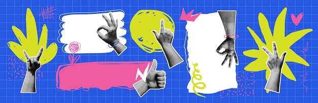 Un conjunto de recortes de revistas grunge Collaje retro de media tonalidad de manos Lugar para mensajes de texto de noticias