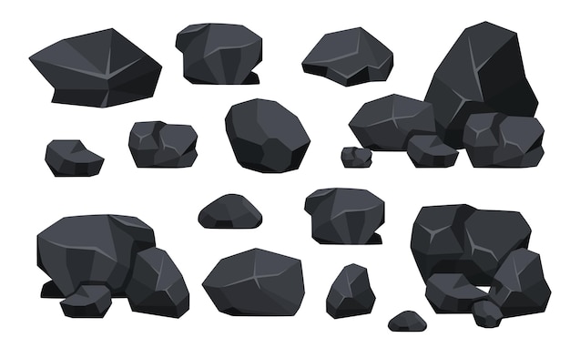 Conjunto de recursos minerales de carbón negro. Piezas de piedra fósil de formas poligonales, roca de grafito o carbón. Colección de iconos de carbón vegetal de recursos energéticos aislado sobre fondo blanco. Ilustración vectorial