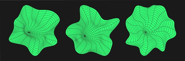 Vector conjunto de redes cibernéticas distorsionadas elemento de geometría cyberpunk estilo y2k malla verde aislada