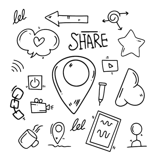 Conjunto de redes sociales con vector de estilo de línea de garabato