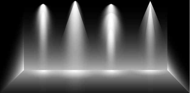 Conjunto de reflectores sobre un fondo negro Iluminación brillante con focos El reflector es blanco
