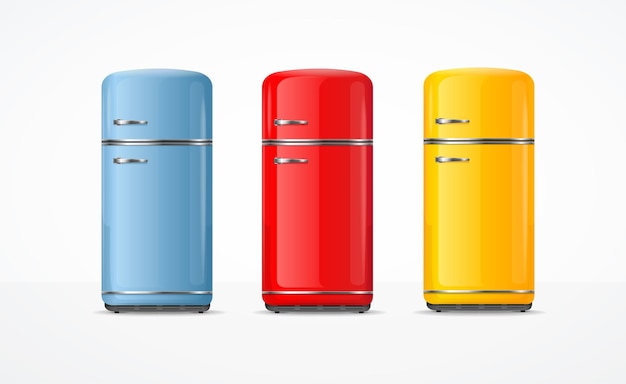 Conjunto de refrigerador de color vintage 3d detallado y realista para conservar alimentos en el hogar ilustración vectorial de refrigerador vertical