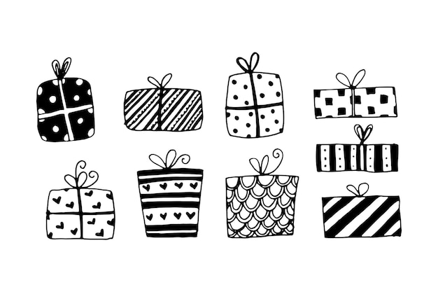 conjunto, de, regalo, cajas, garabato, handdrawing, vector, illustartion