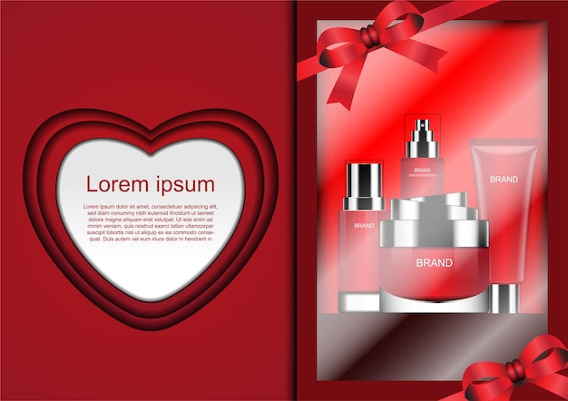 Conjunto de regalo de crema cosmética con cintas rojas y forma de corazón