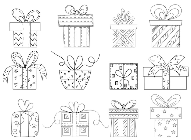 Conjunto de regalo doodle boceto contorno vector aislado