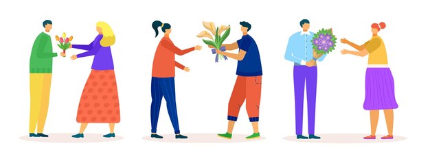 Conjunto de regalo de flores presente ilustración vectorial carácter de persona hombre dar ramo a mujer ...